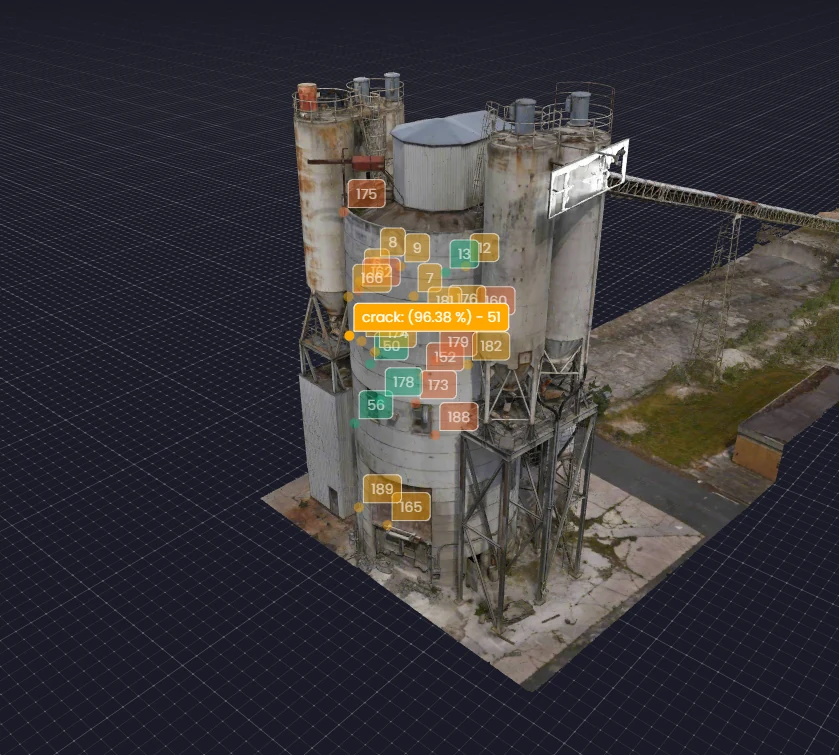 AI defect detection segmentation overlay on an industrial silo structure