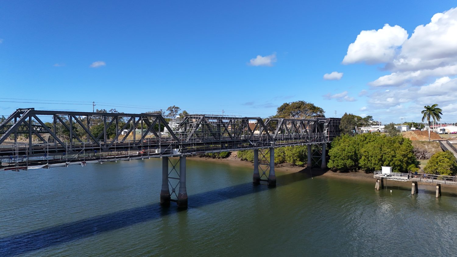 Aerial view of the Burnett River rail bridge, Bundaberg
