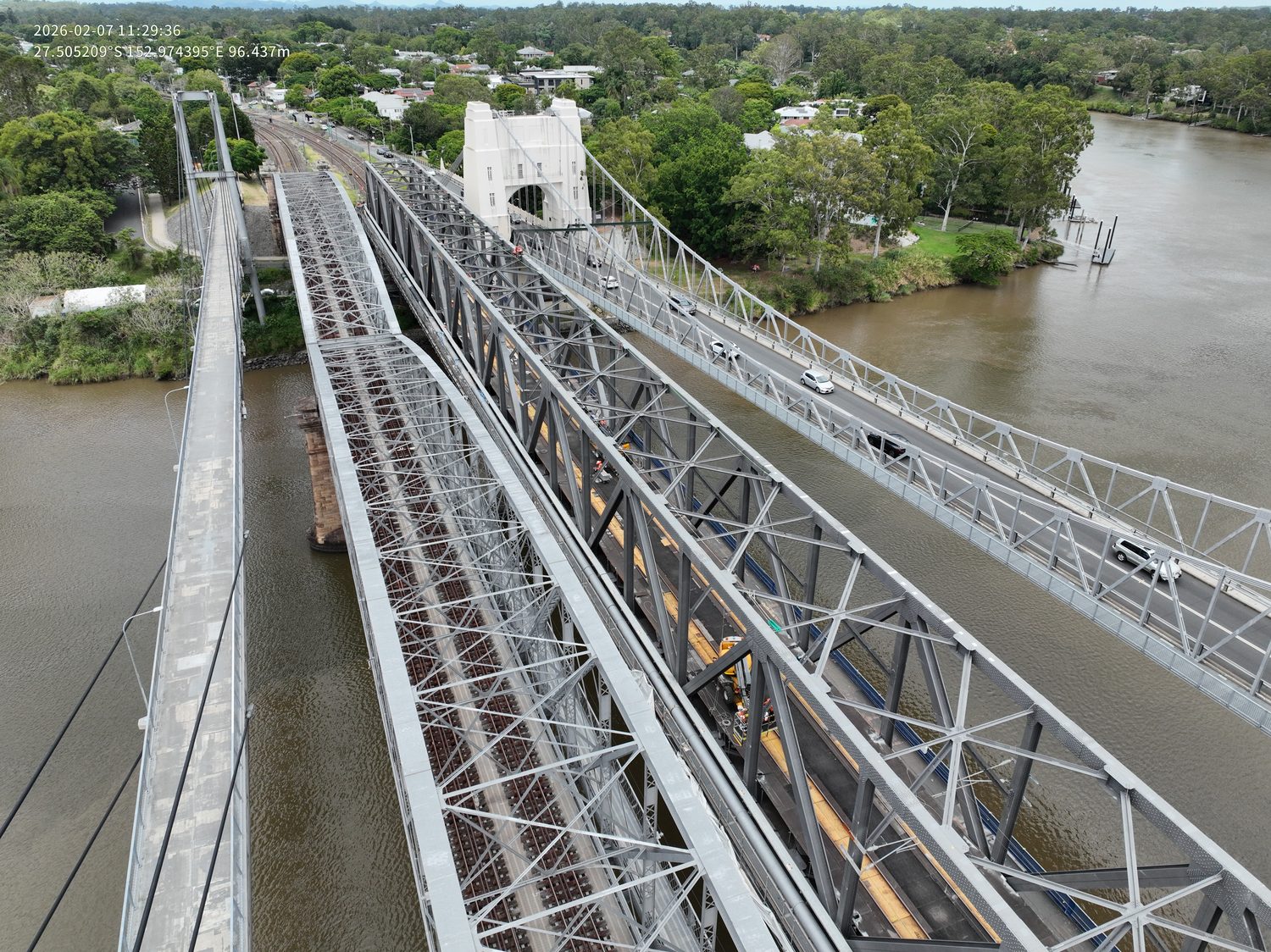 Aerial view over the Indooroopilly rail bridge and Brisbane River corridor