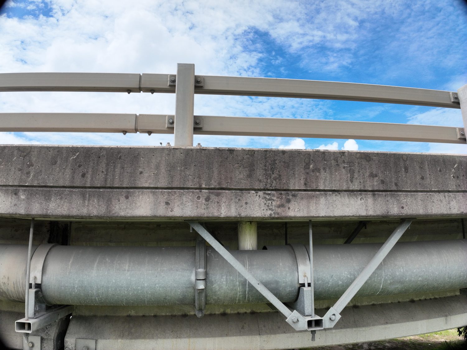 Under-deck drone inspection detail of the M1 highway bridge over the Logan River
